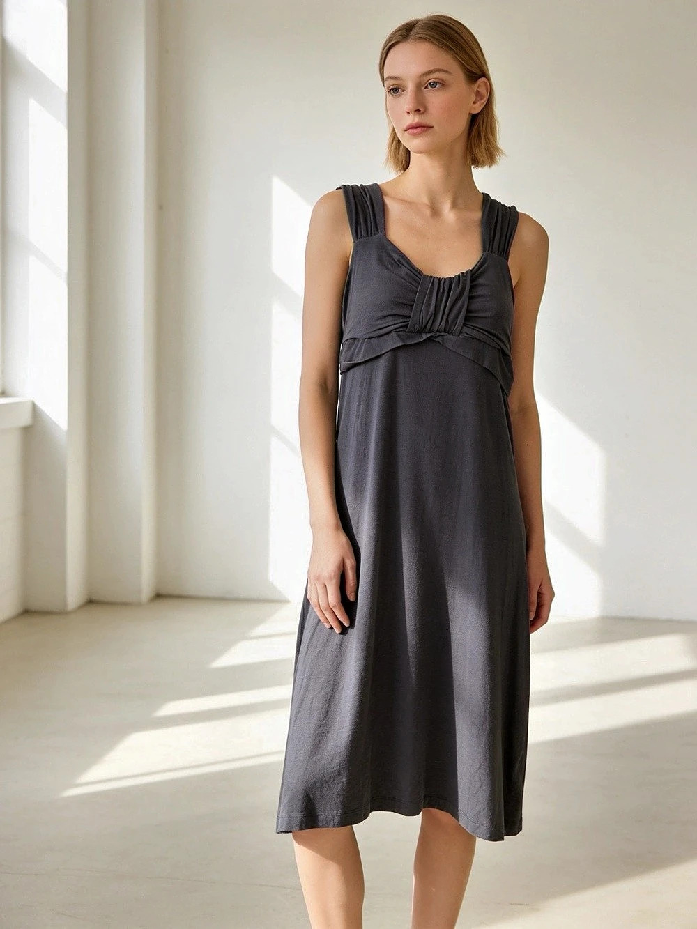 Athleta Leighani Twist Dress Gray Ruched Sleeveless Modal Stretch S